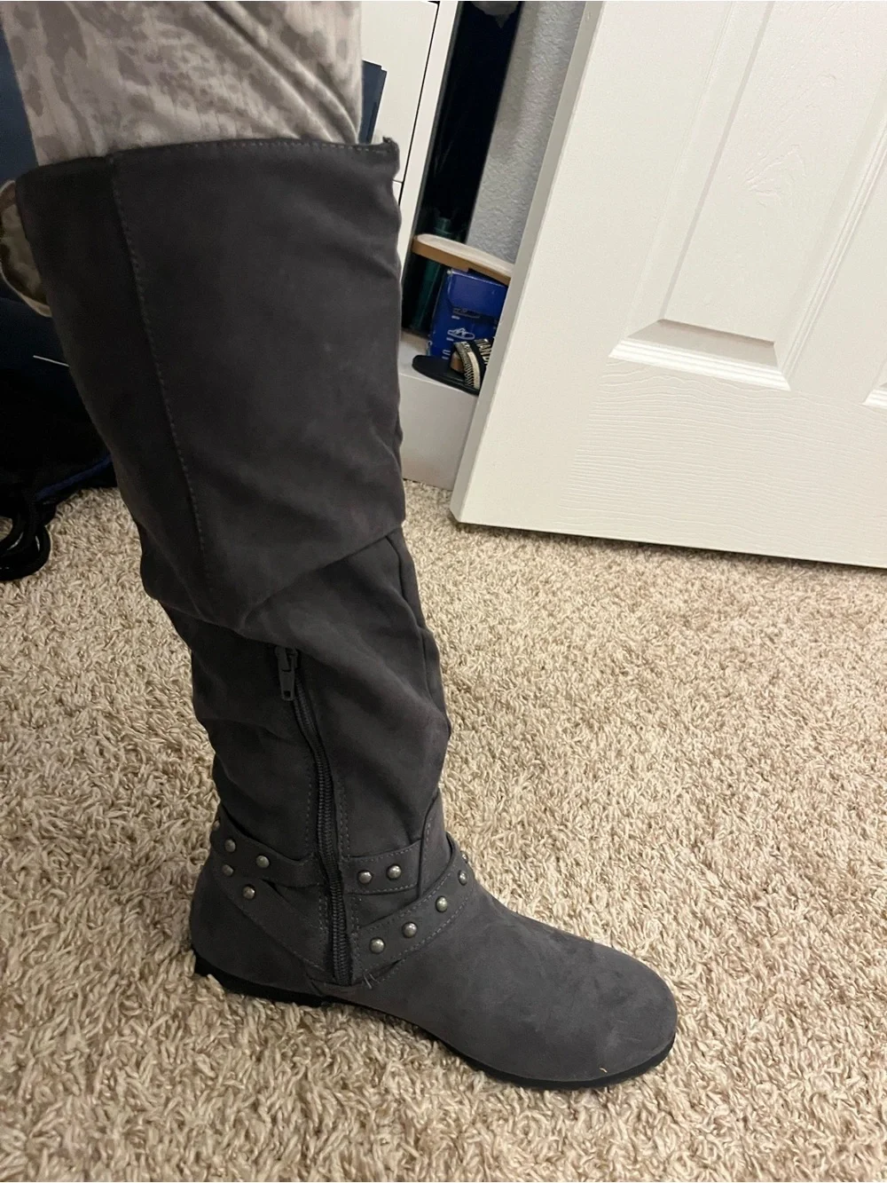 Women’s Tall Grey Studded Buckle Boots